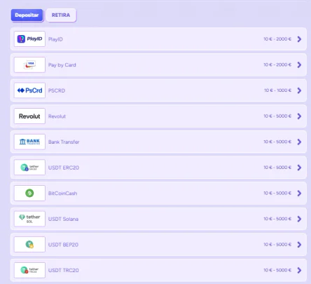 Métodos de pago de Spinbara con tarjetas, monederos electrónicos y criptomonedas